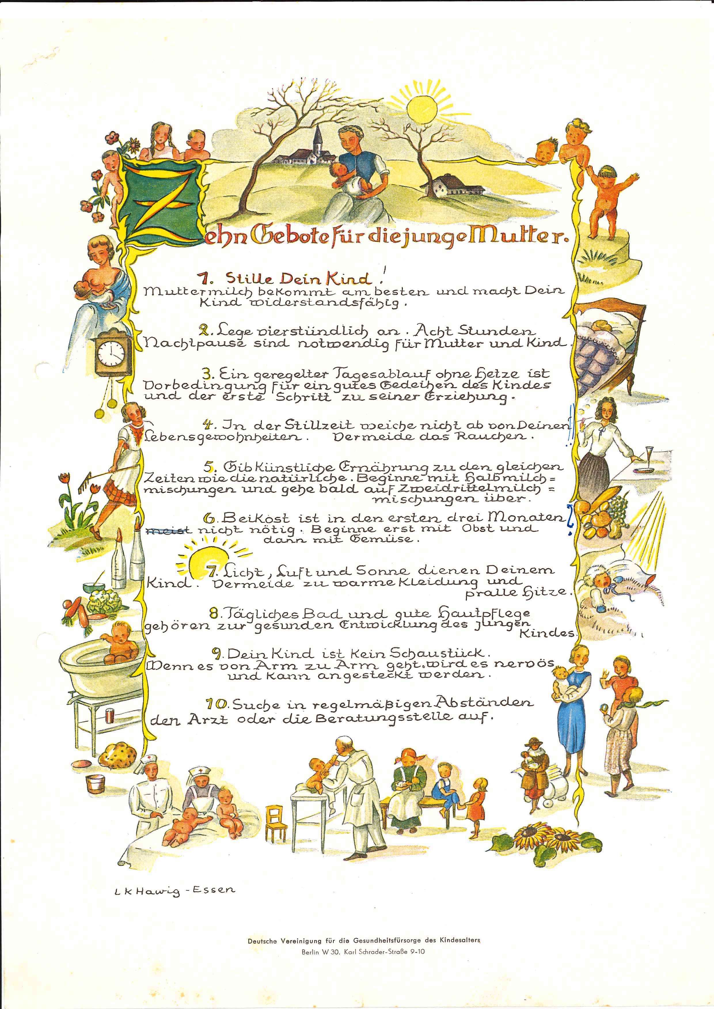 Infoblatt: „Zehn Gebote für die junge Mutter“ (ca. 1955) Infoblatt: „Zehn Gebote für die junge Mutter“ (ca. 1955)